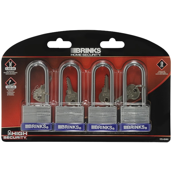 Brinks Keyed Alike Padlock, Laminated Steel, 40mm, High Security, 4PK 172-42401 - main